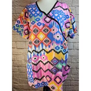 Just Love Women Scrub Top XL Mock Wrap Bright Multi Color Pattern EUC FREE SHIP!